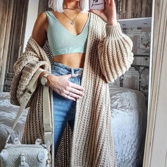 Chunky Knit Open front comfy cozy sweater Cardigan khaki - Picture 1 of 14
